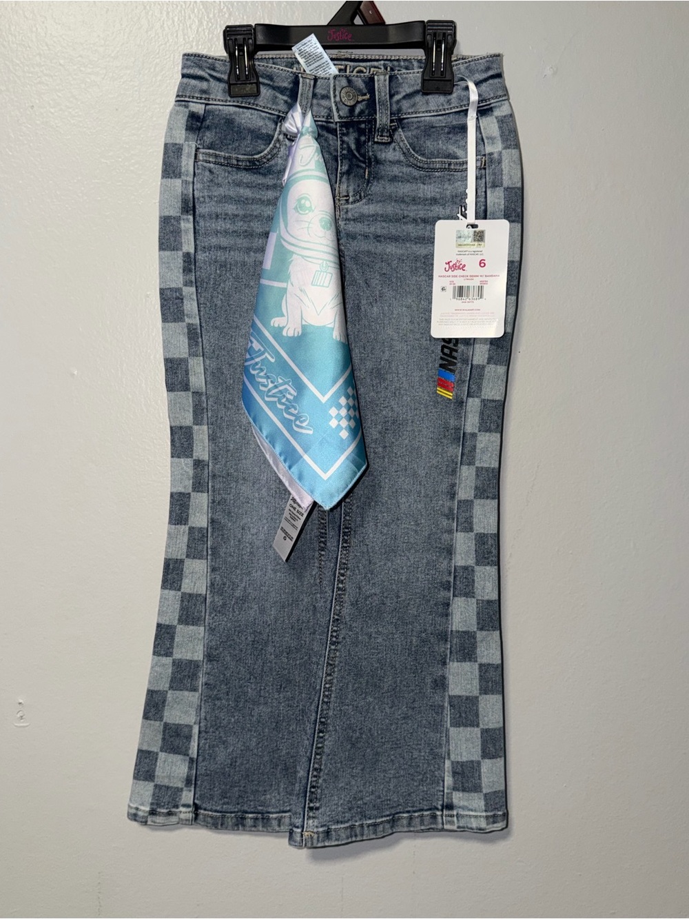 Justice Gray Checkerboard Trim Denim Skirt with Blue Accent Scarf
